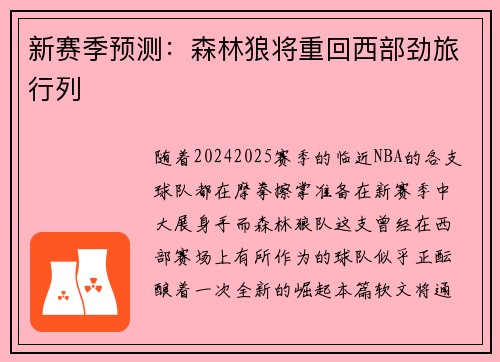 新赛季预测：森林狼将重回西部劲旅行列